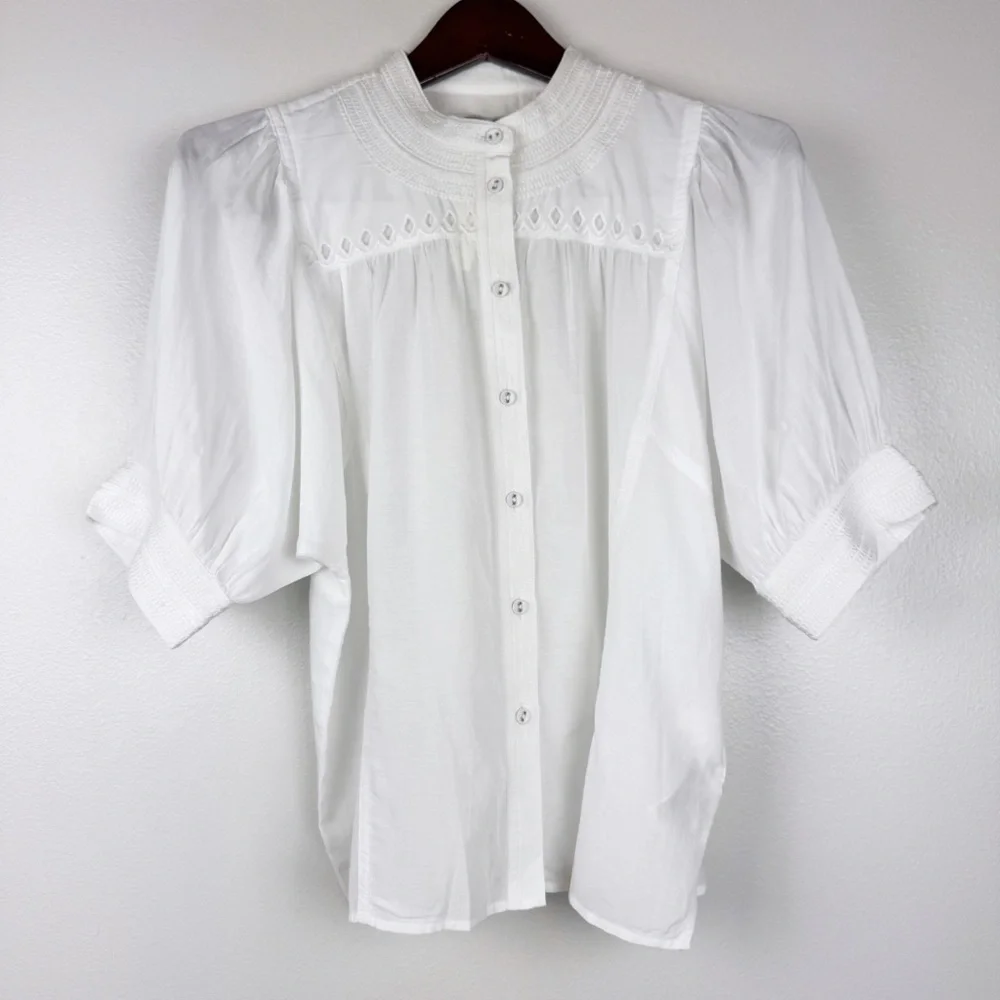 Madewell Puff-Sleeve Band-Collar Lightweight Shirt White Size 4/S NWT
